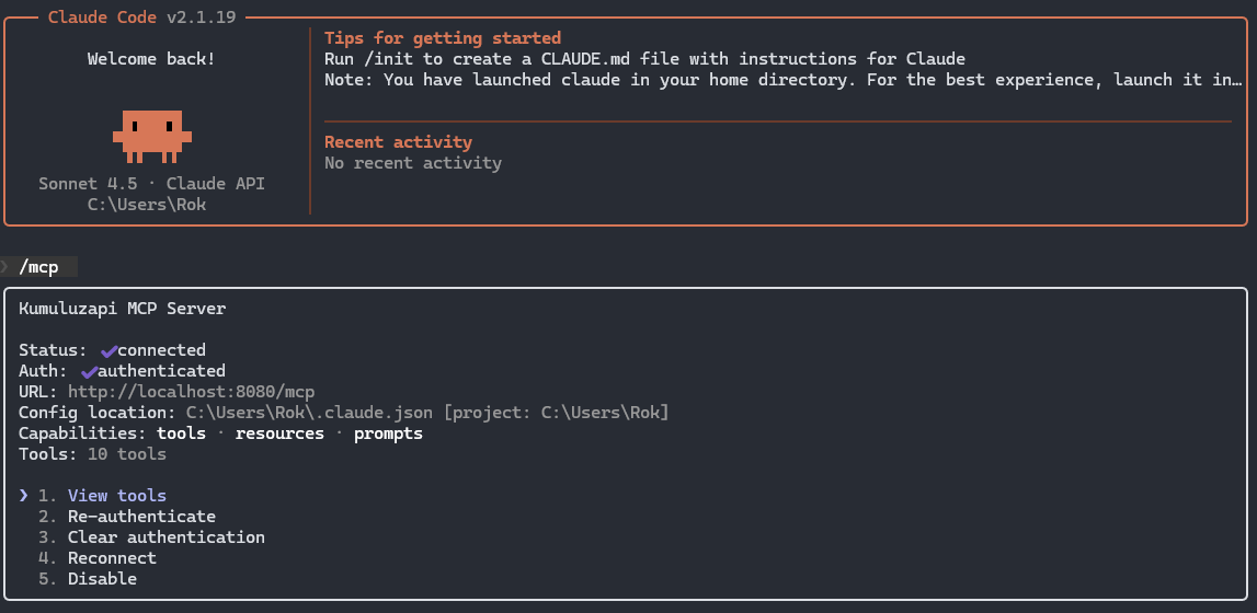Uspešna povezava Claude Code z MCP strežnikom